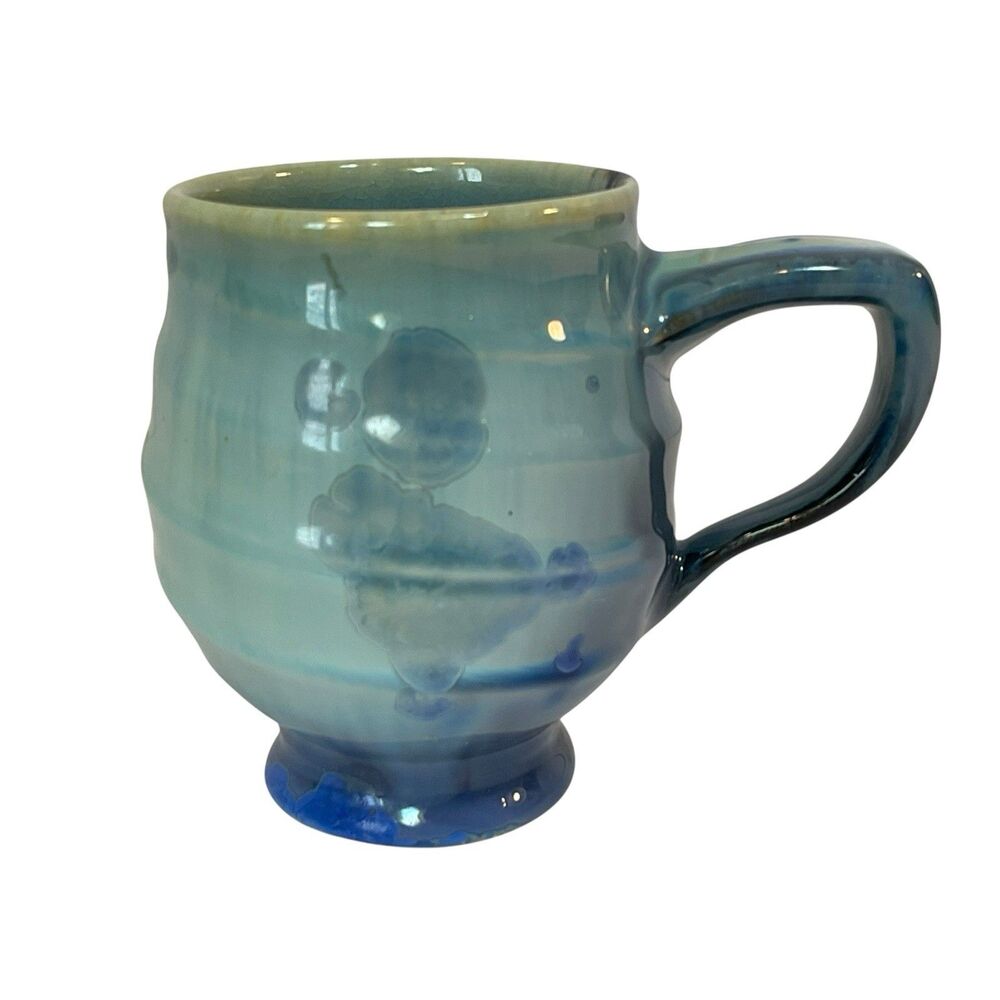 Signed Pottery Mug Blue Turquoise Glaze Handmade Stoneware Bubbles 8oz